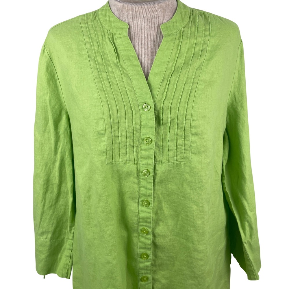 Kim Rogers Womens‎ Lime Green 100% Linen Pintuck Button Down Tunic Top Size L